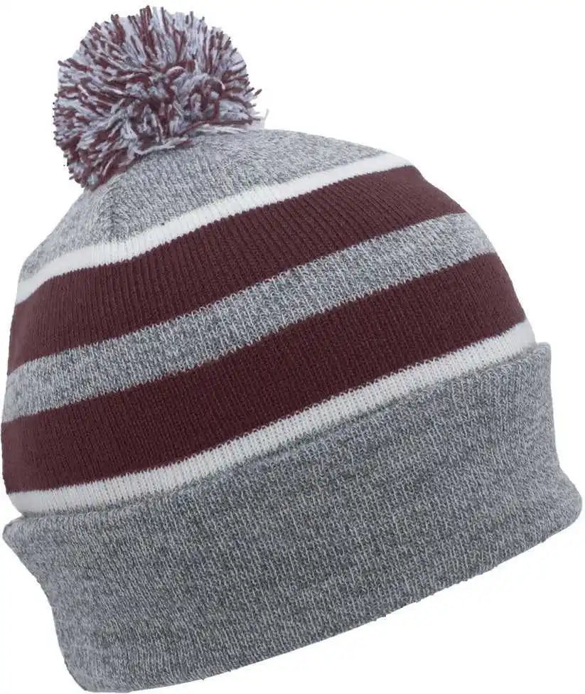 Pacific Headwear 641k Pom-pom Cuff Beanie - Heather Gray Maroon White - 7’’ - 7 7/8’’