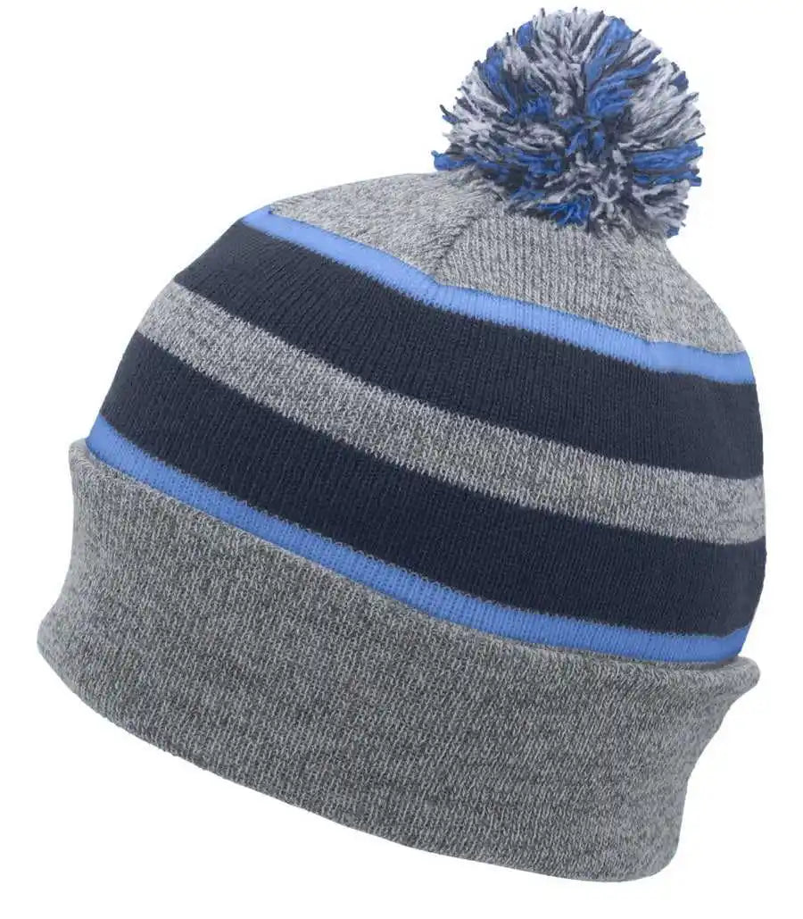 Pacific Headwear 641k Pom-pom Cuff Beanie - Heather Gray Navy Columbia Blue - 7’’ - 7 7/8’’