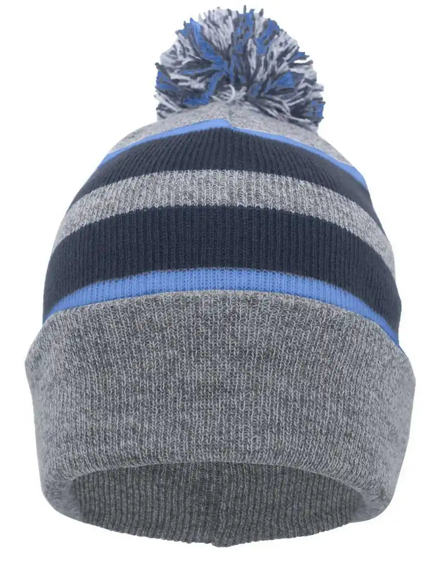 Pacific Headwear 641k Pom-pom Cuff Beanie - Heather Gray Navy Columbia Blue - 7’’ - 7 7/8’’