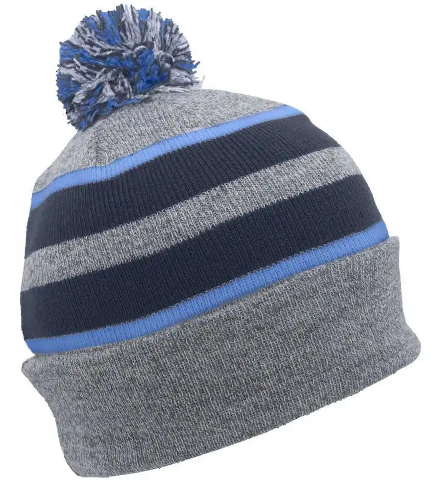 Pacific Headwear 641k Pom-pom Cuff Beanie - Heather Gray Navy Columbia Blue - 7’’ - 7 7/8’’
