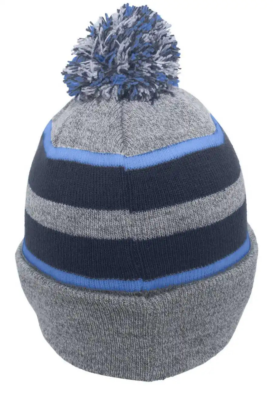 Pacific Headwear 641k Pom-pom Cuff Beanie - Heather Gray Navy Columbia Blue - 7’’ - 7 7/8’’