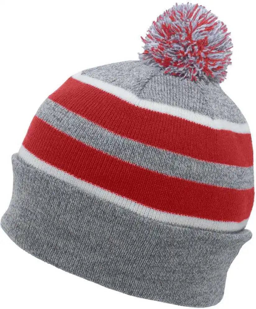 Pacific Headwear 641k Pom-pom Cuff Beanie - Heather Gray Red White - 7’’ - 7 7/8’’