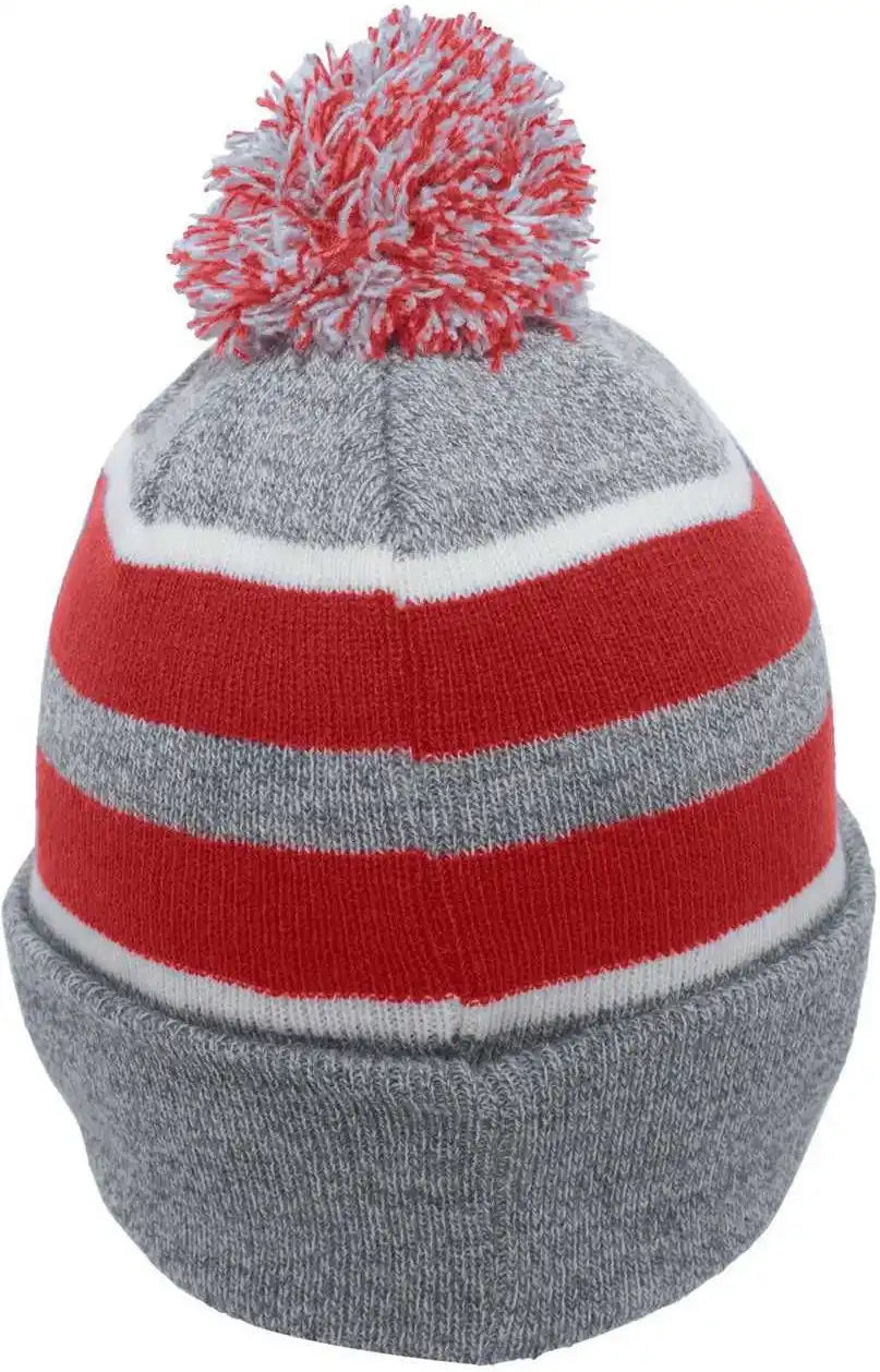 Pacific Headwear 641k Pom-pom Cuff Beanie - Heather Gray Red White - 7’’ - 7 7/8’’