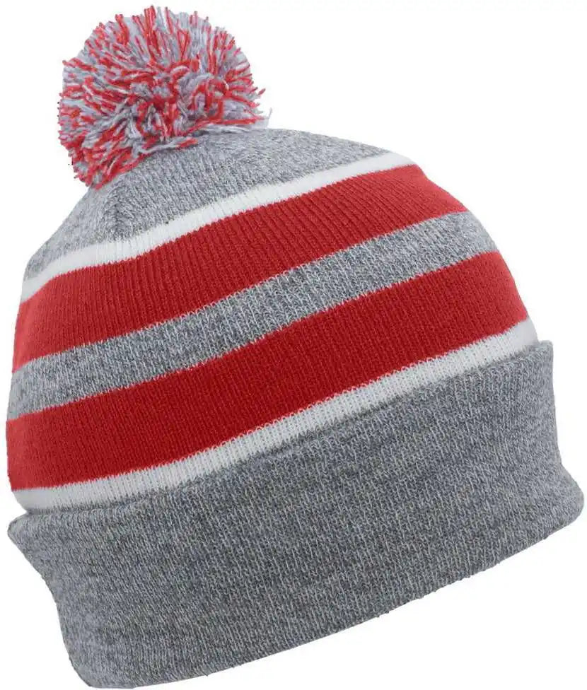Pacific Headwear 641k Pom-pom Cuff Beanie - Heather Gray Red White - 7’’ - 7 7/8’’