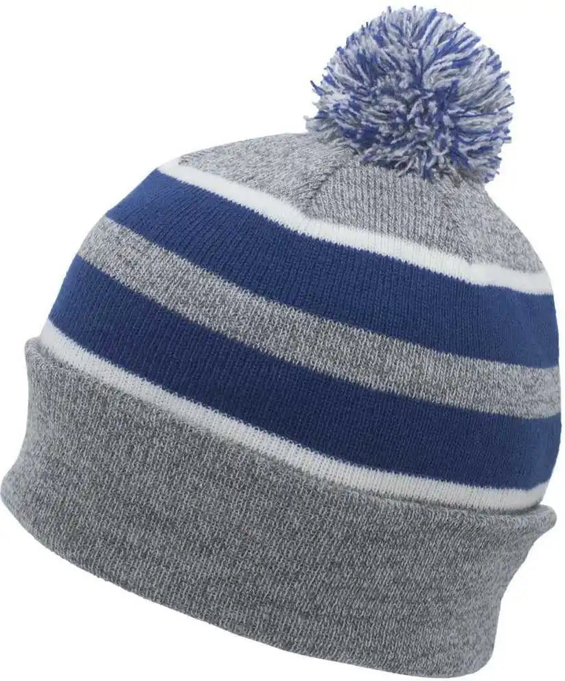 Pacific Headwear 641k Pom-pom Cuff Beanie - Heather Gray Royal White - 7’’ - 7 7/8’’