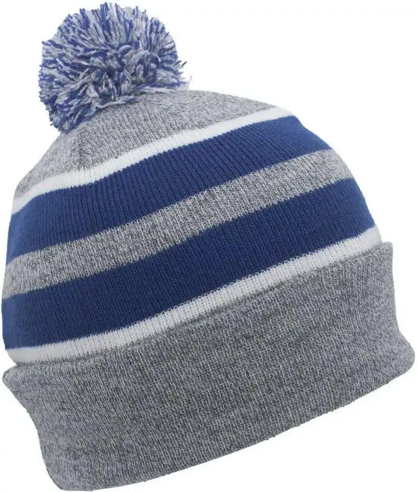 Pacific Headwear 641k Pom-pom Cuff Beanie - Heather Gray Royal White - 7’’ - 7 7/8’’