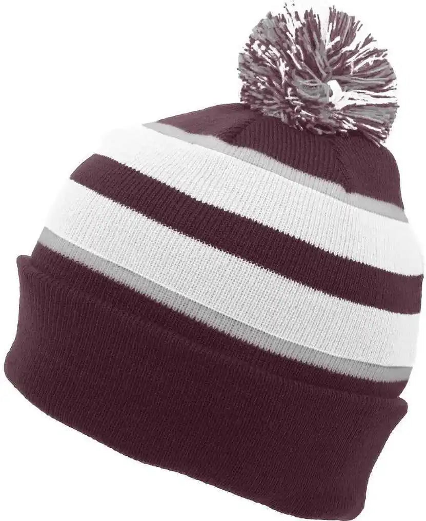 Pacific Headwear 641k Pom-pom Cuff Beanie - Maroon White Silver - 7’’ - 7 7/8’’