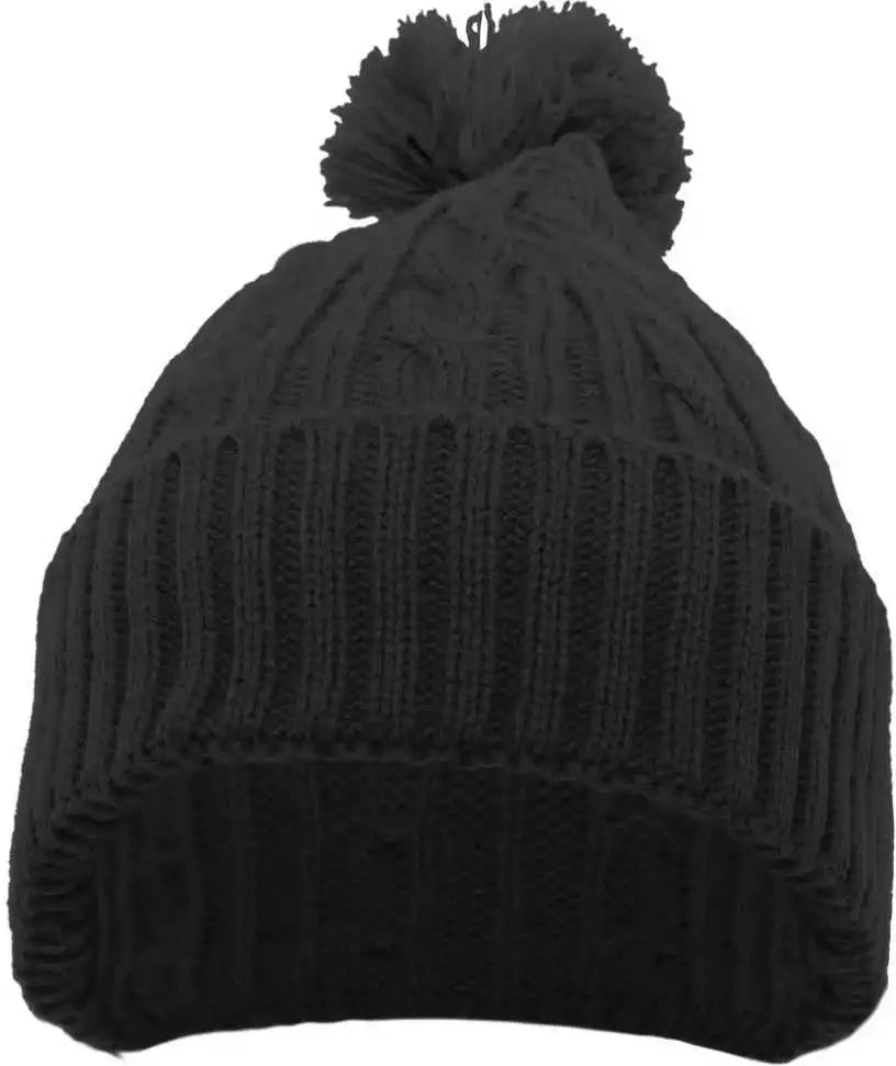 Pacific Headwear 643k Cable Knit Pom-pom Beanie - Black - 7’’ - 7 7/8’’