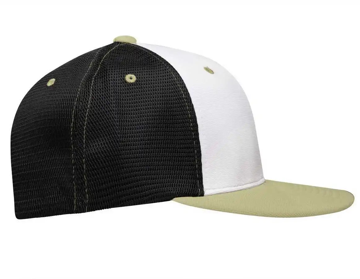 Pacific Headwear Es341 Premium M2 Performance Trucker Flexfit Cap - White Black Vegas Gold