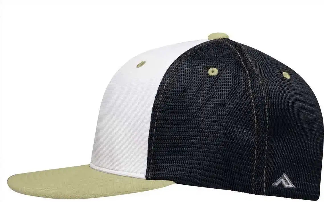 Pacific Headwear Es341 Premium M2 Performance Trucker Flexfit Cap - White Navy Vegas Gold