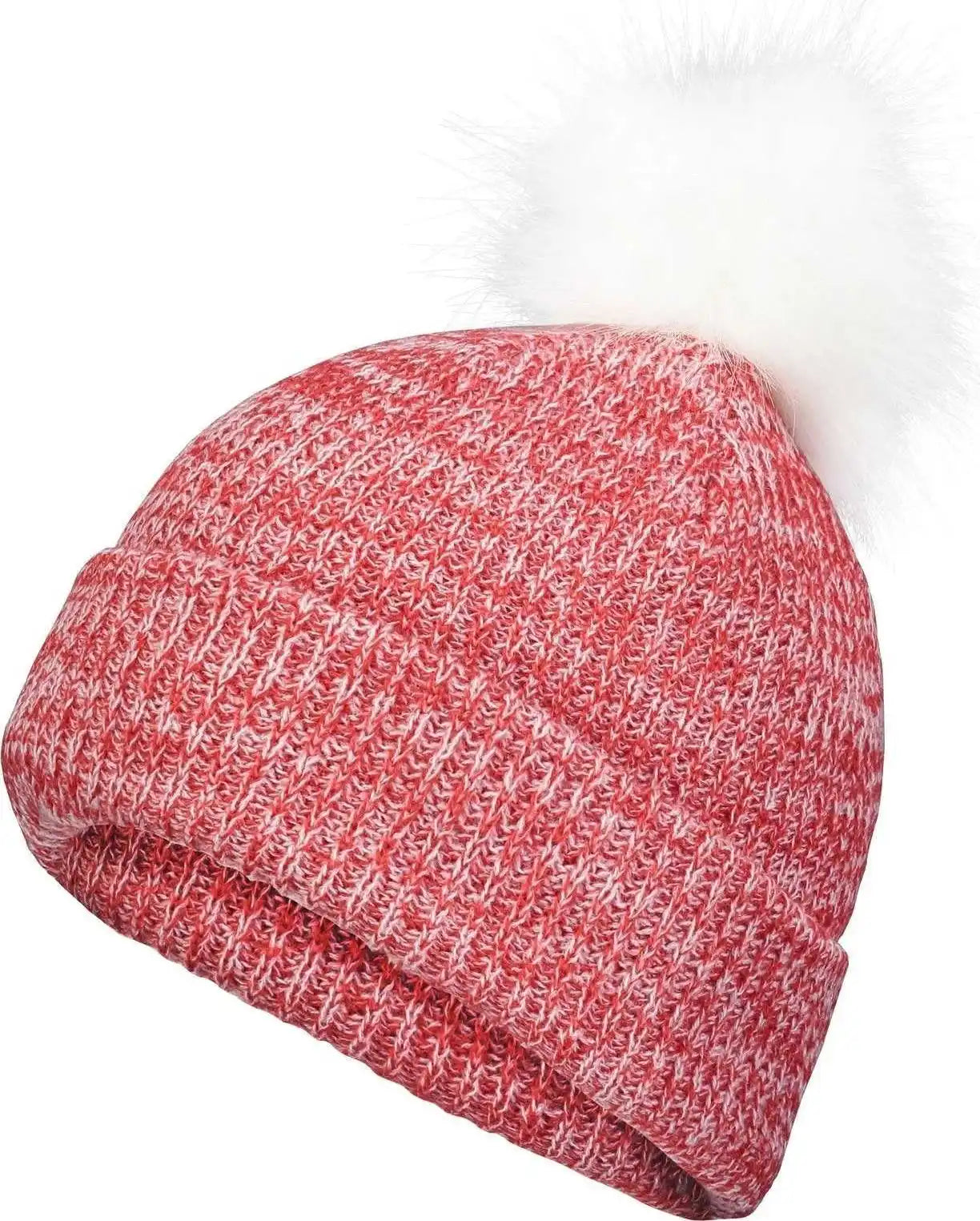 Pacific Headwear P604k Faux Fur Pom Beanie - Red White - 7’’ - 7 7/8’’