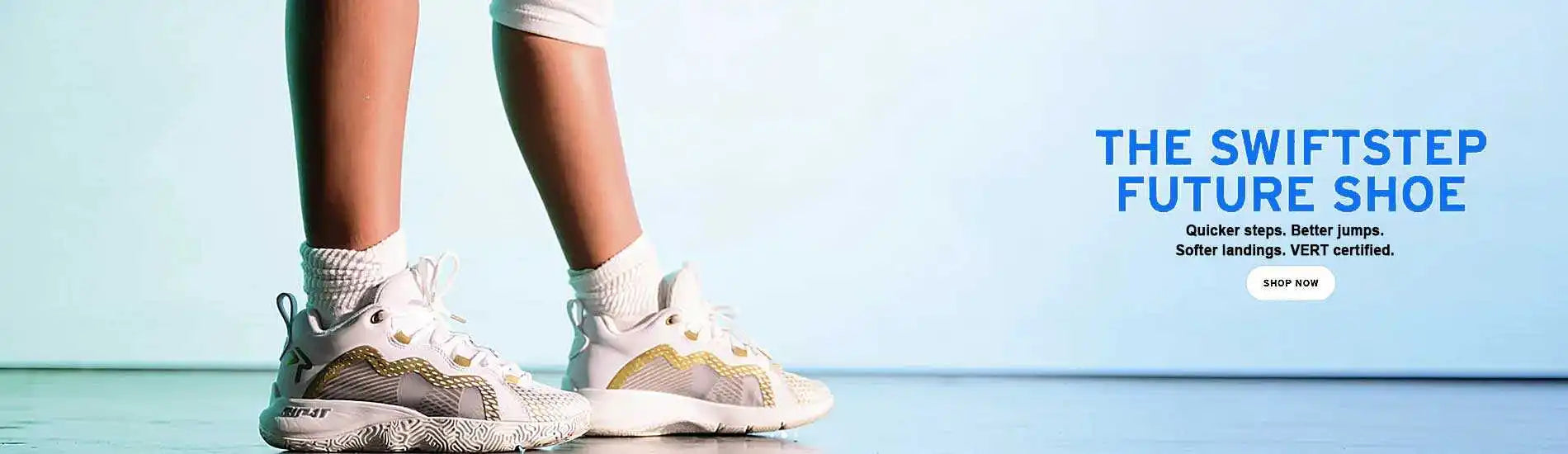 A pair of white and beige athletic shoes designed for quicker steps, better jumps, and softer landings.
