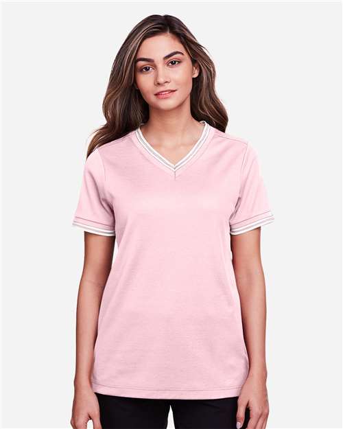 Pink/ White Women's CrownLux Performance® Plaited Tipped V-Neck Shirt - DG20CW