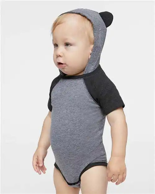 Rabbit Skins 4417 Fine Jersey Infant Short Sleeve Raglan Bodysuit with Hood & Ears - Granite Heather Vintage Smoke