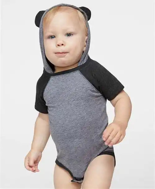 Rabbit Skins 4417 Fine Jersey Infant Short Sleeve Raglan Bodysuit with Hood & Ears - Granite Heather Vintage Smoke
