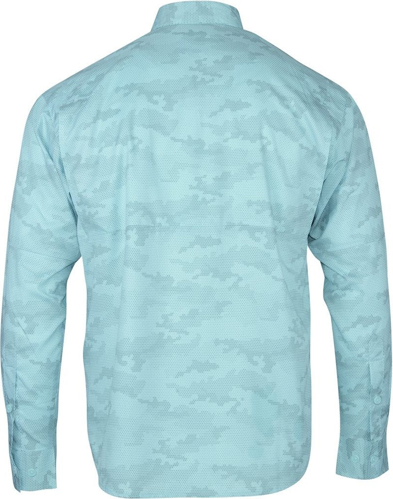 Rear View of Aqua Blue Buxton Sublimated Long Sleeve Fishing Shirt - 709