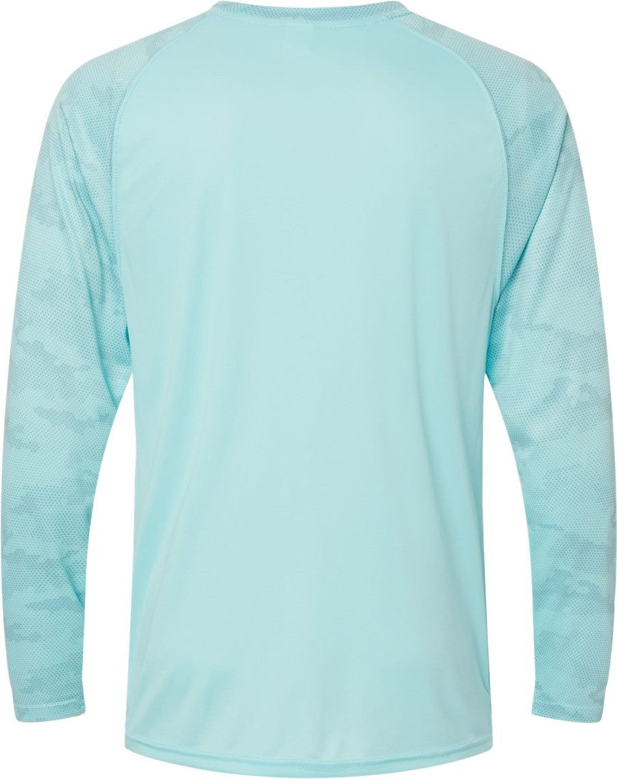 Rear View of Aqua Blue Cayman Performance Camo Colorblocked Long Sleeve T-Shirt - 216