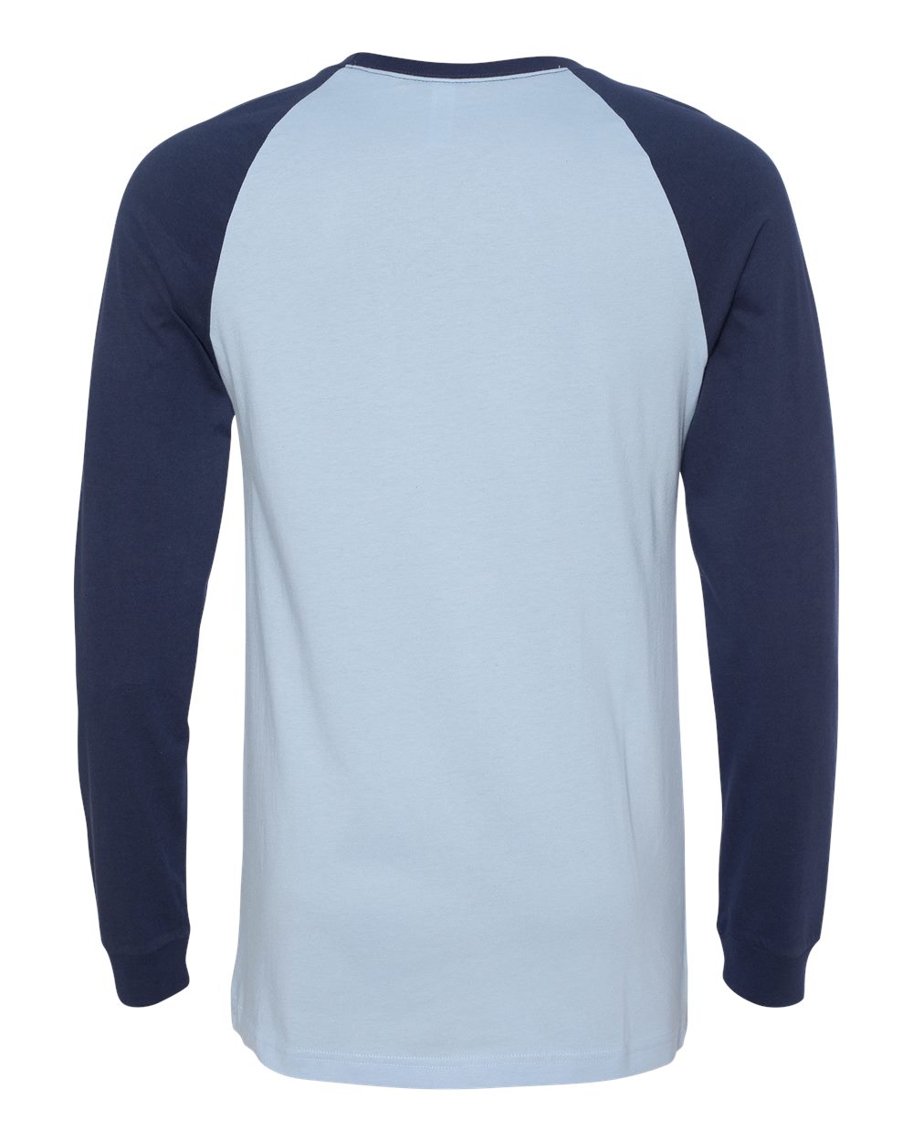 Rear View of Baby Blue/ Navy Long Sleeve Jersey Baseball Tee - 3000