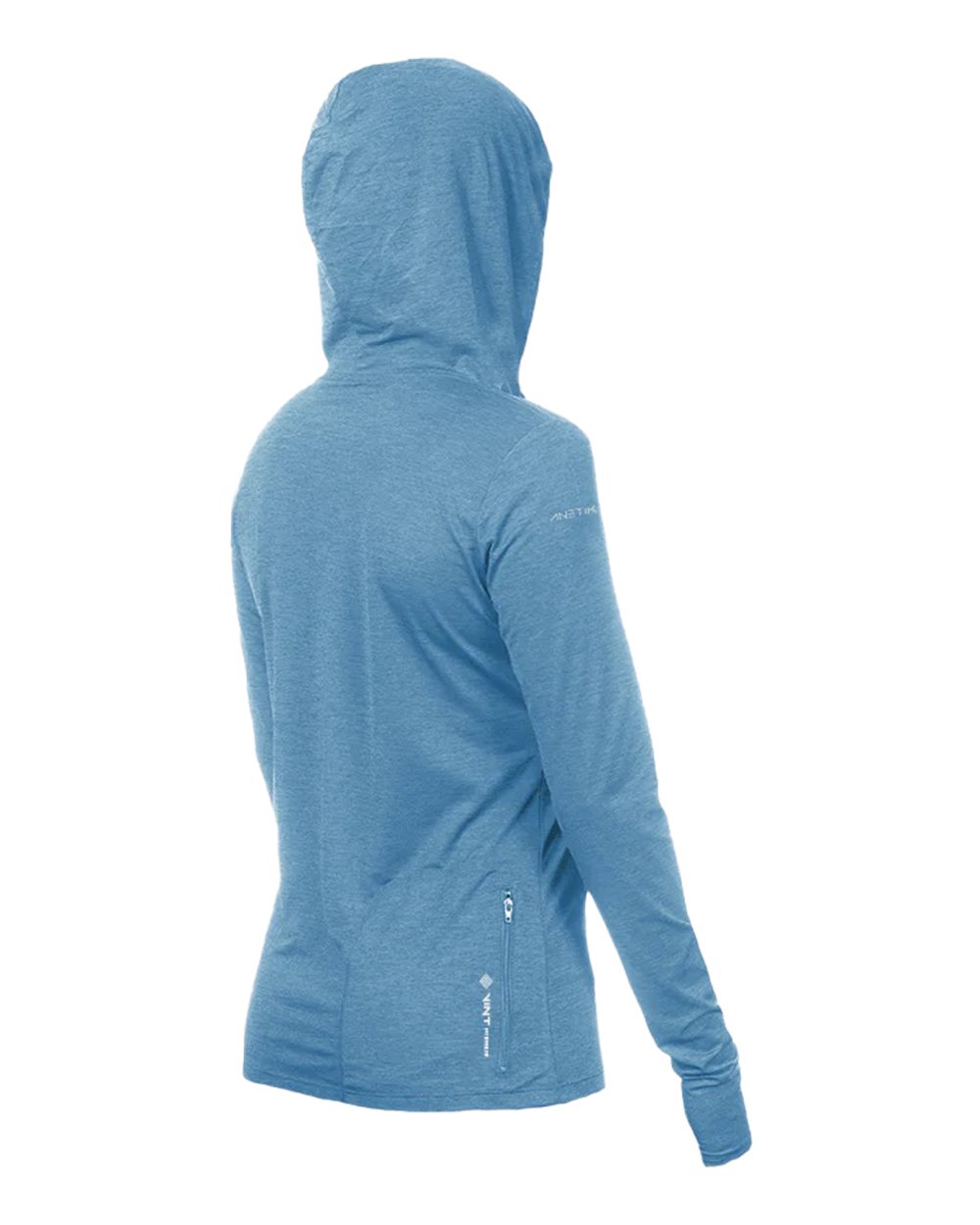 Rear View of Bahama Heathered Women's Breeze Tech Hooded Long Sleeve T-Shirt - WSBRZH0
