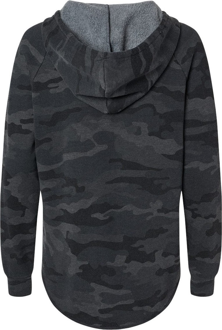 Rear View of Black Camo Heather Women’s Lightweight California Wave Wash Hooded Sweatshirt - PRM2500