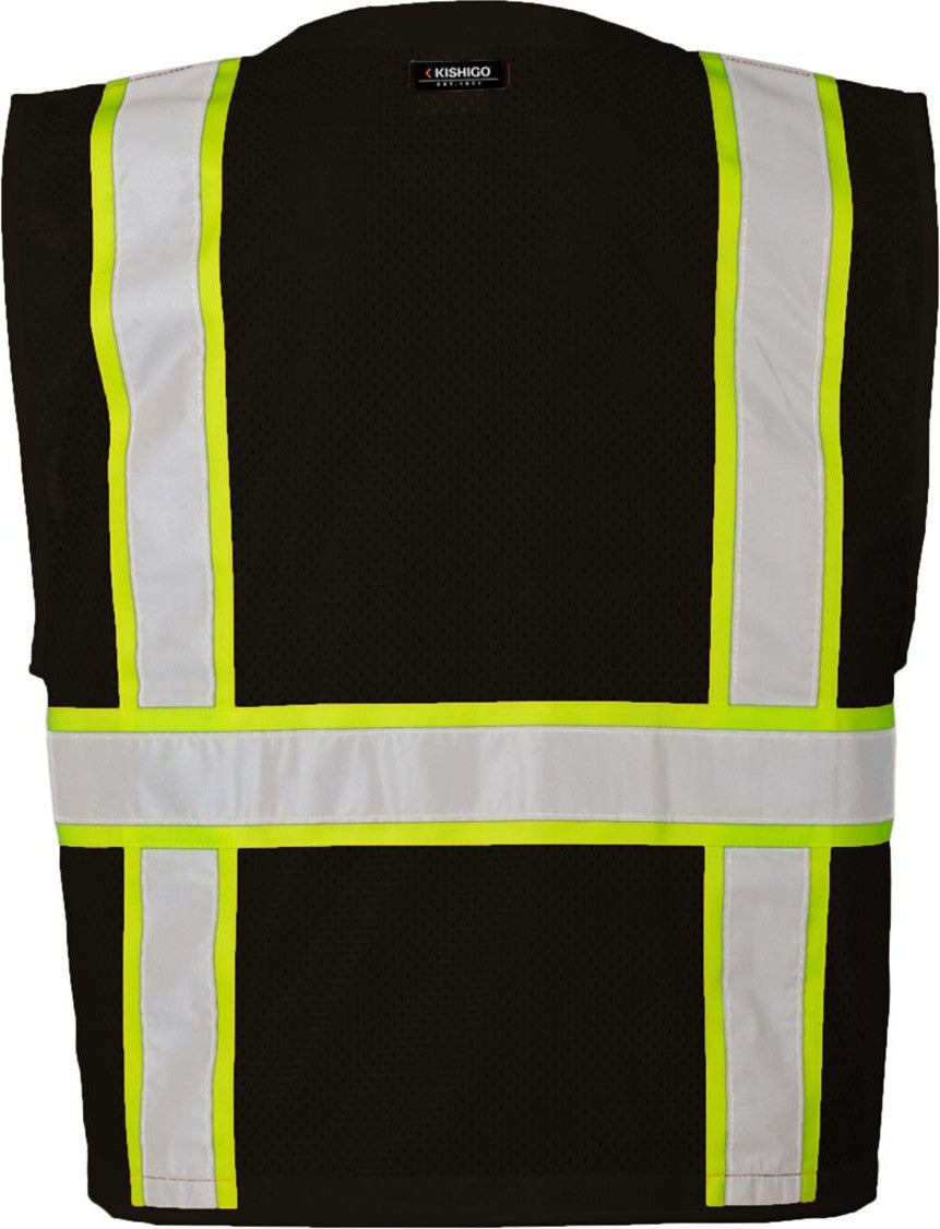 Rear View of Black/ Lime - B100 EV Series® Enhanced Visibility Multi-Pocket Mesh Vest - B100-111