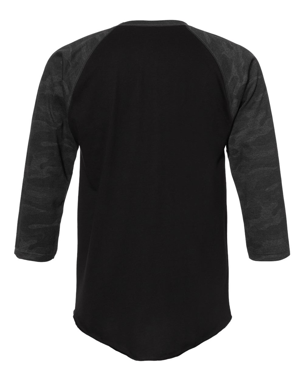 Rear View of Black/ Storm Camo Baseball Fine Jersey Three-Quarter Sleeve Tee - 6930