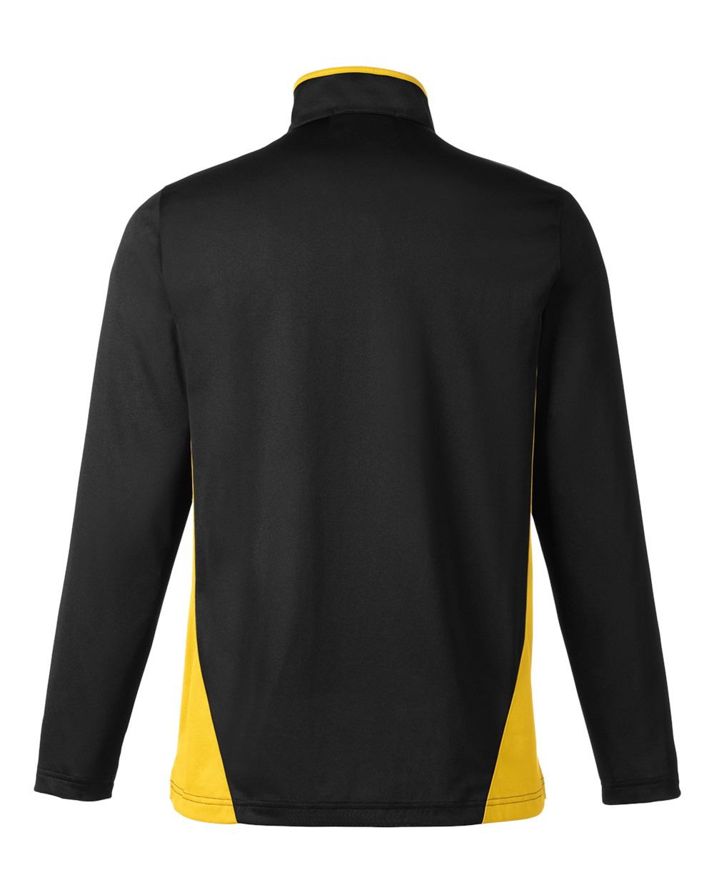 Rear View of Black/ Sunray Yellow Men's Flash Snag Protection Plus IL Colorblock Quarter-Zip Pullover - M786