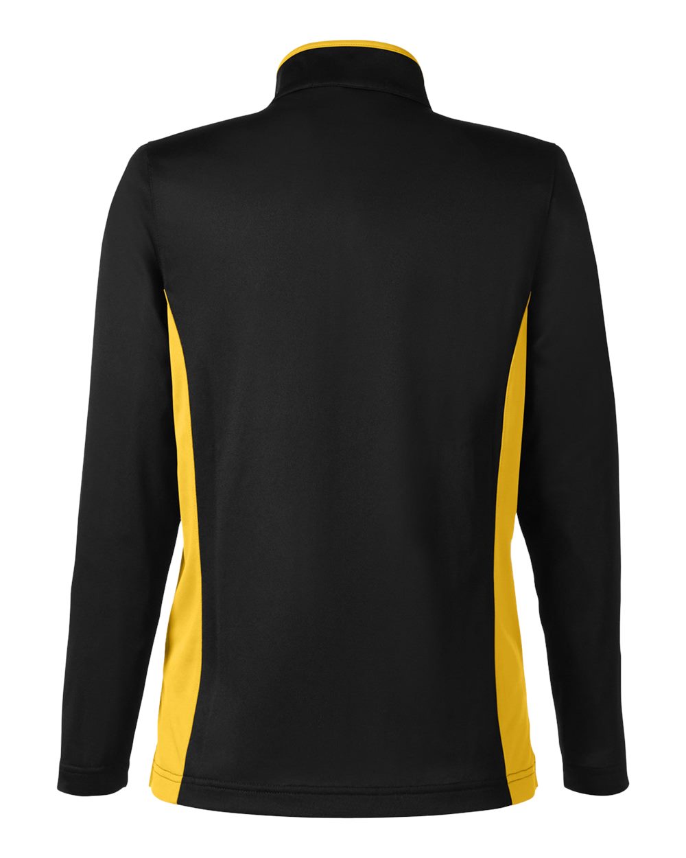 Rear View of Black/ Sunray Yellow Women's Flash Snag Protection Plus IL Colorblock Quarter-Zip Pullover - M786W
