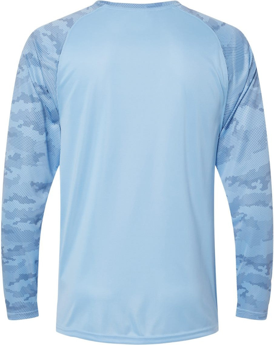 Rear View of Blue Mist Cayman Performance Camo Colorblocked Long Sleeve T-Shirt - 216