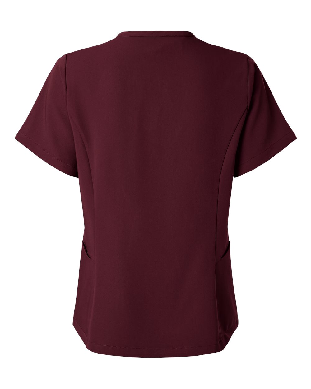 Rear View of Burgundy Women's Calix Fit & Flare Scrub V-Neck Top - W10003