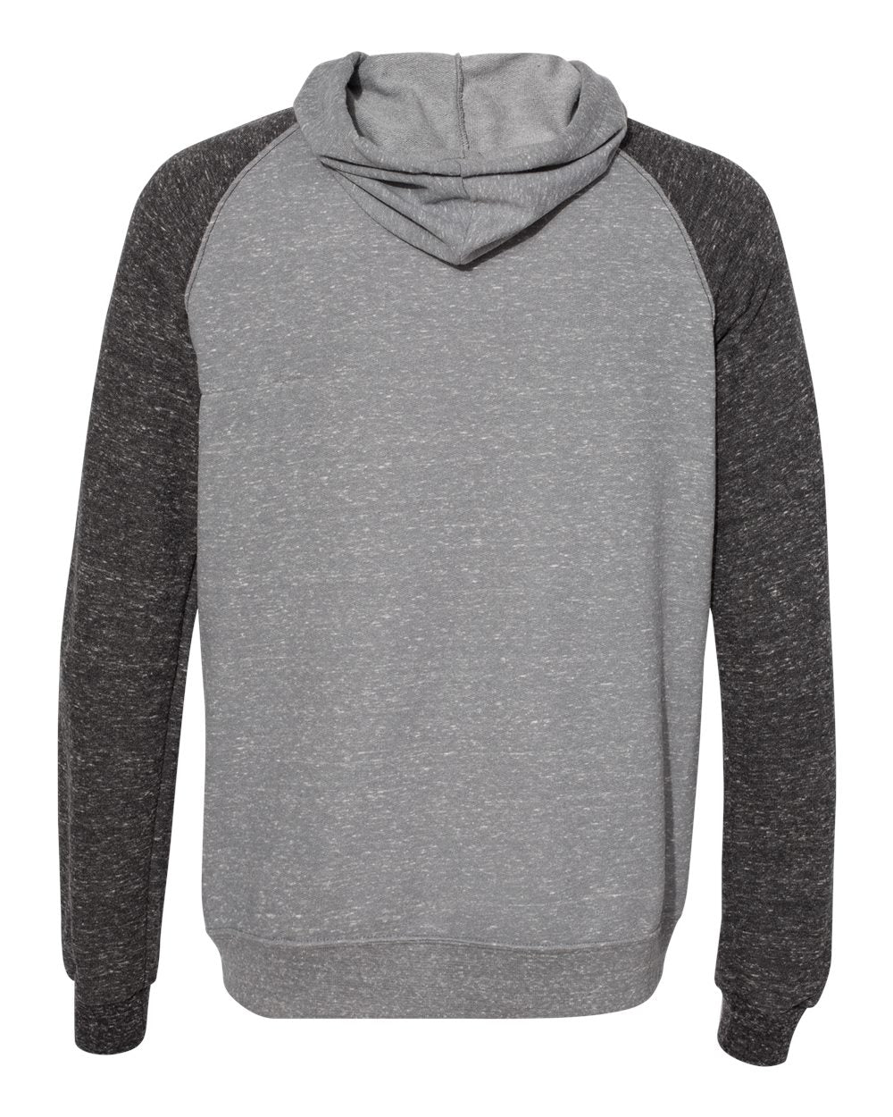 Rear View of Charcoal/ Black Ink Snow Heather French Terry Raglan Hooded Sweatshirt - 90MR