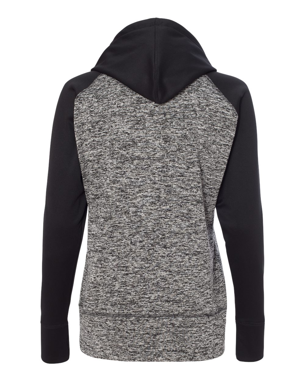 Rear View of Charcoal Fleck/ Black Women’s Colorblocked Cosmic Fleece Hooded Sweatshirt - 8618