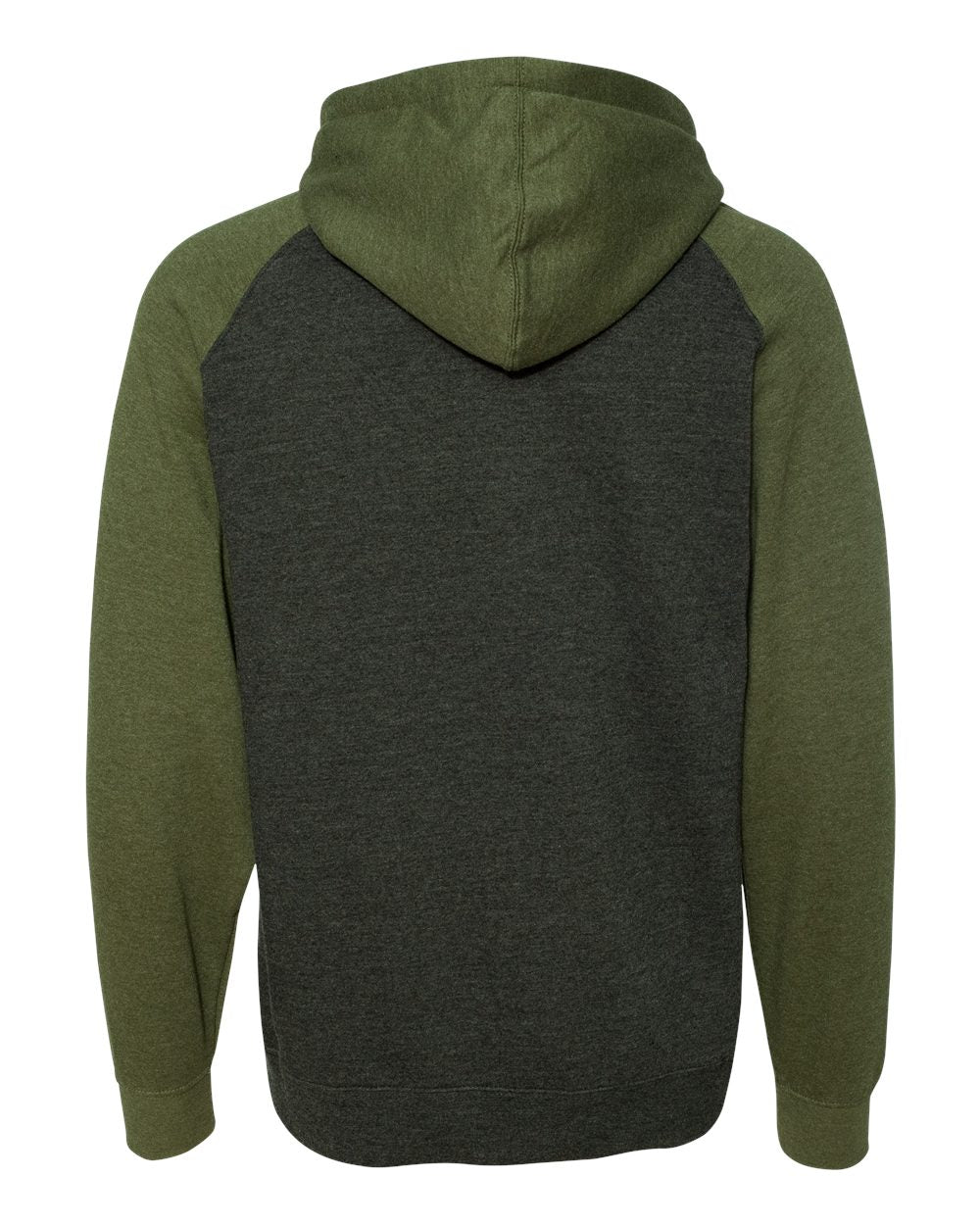 Rear View of Charcoal Heather/ Army Heather Raglan Hooded Sweatshirt - IND40RP