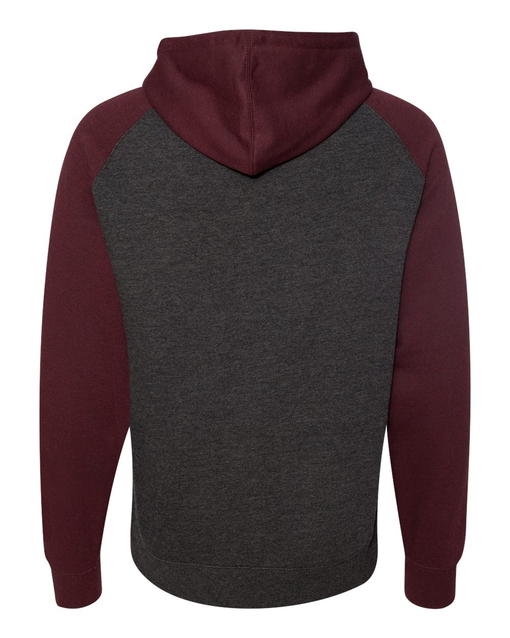 Rear View of Charcoal Heather/ Burgundy Heather Raglan Hooded Sweatshirt - IND40RP