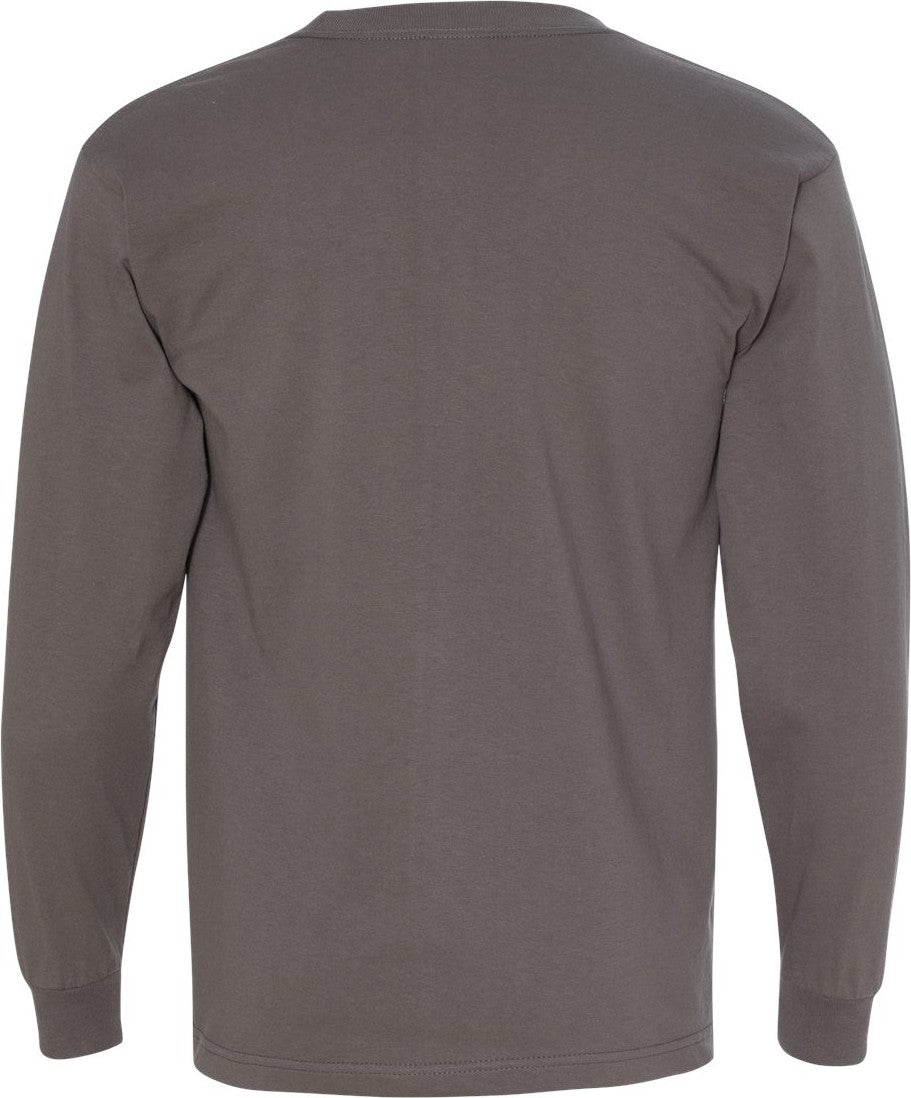 Rear View of Charcoal USA-Made Long Sleeve Pocket T-Shirt - 8100