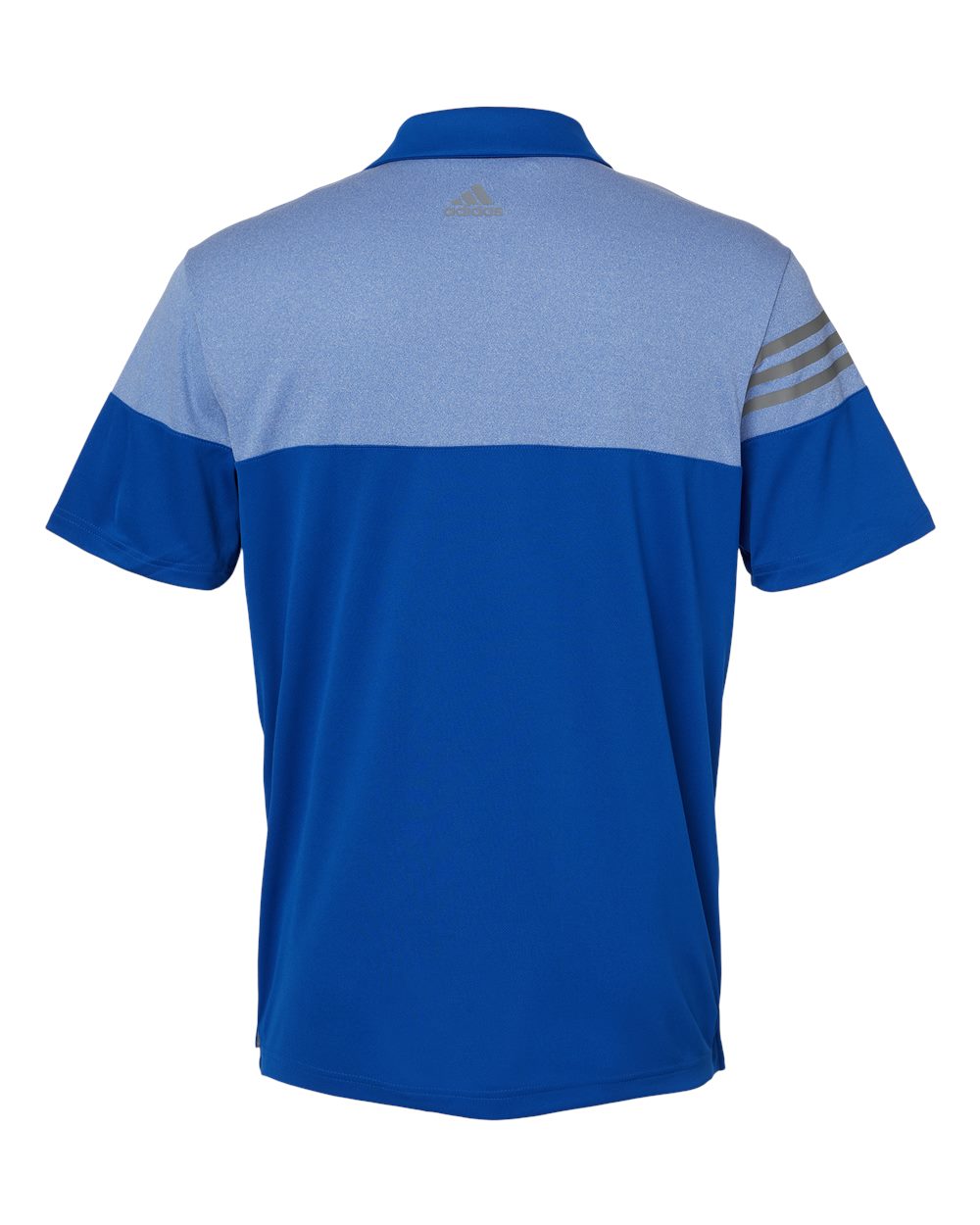Rear View of Collegiate Royal Heathered 3-Stripes Colorblocked Polo - A213