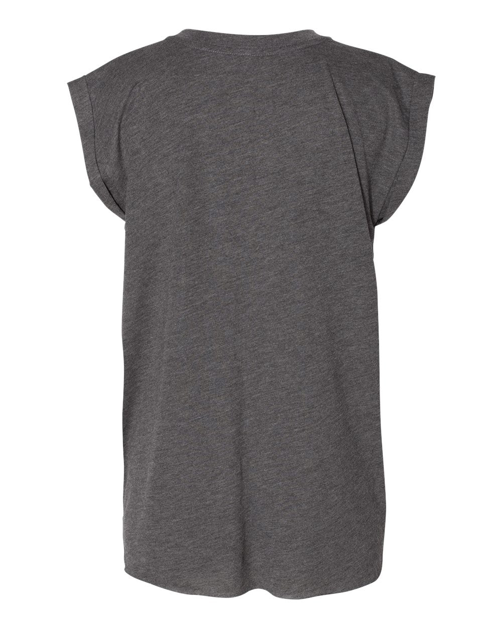 Rear View of Dark Grey Heather Women’s Flowy Rolled Cuffs Muscle Tee - 8804