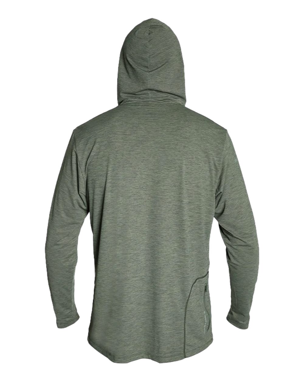 Rear View of Dark Olive Heathered Low Pro Tech Hooded Long Sleeve T-Shirt - MVLPRH8