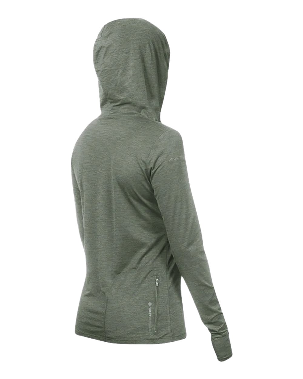 Rear View of Dark Olive Heathered Women's Breeze Tech Hooded Long Sleeve T-Shirt - WSBRZH0