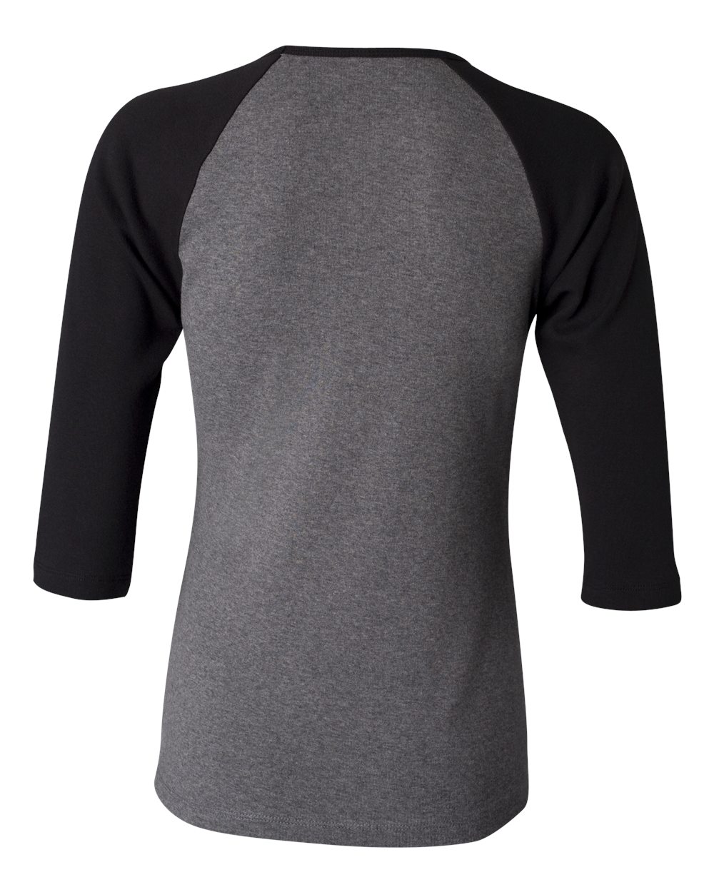 Rear View of Deep Heather/ Black Women’s 1X1 Baby Rib Raglan Three-Quarter Sleeve Tee - 2000
