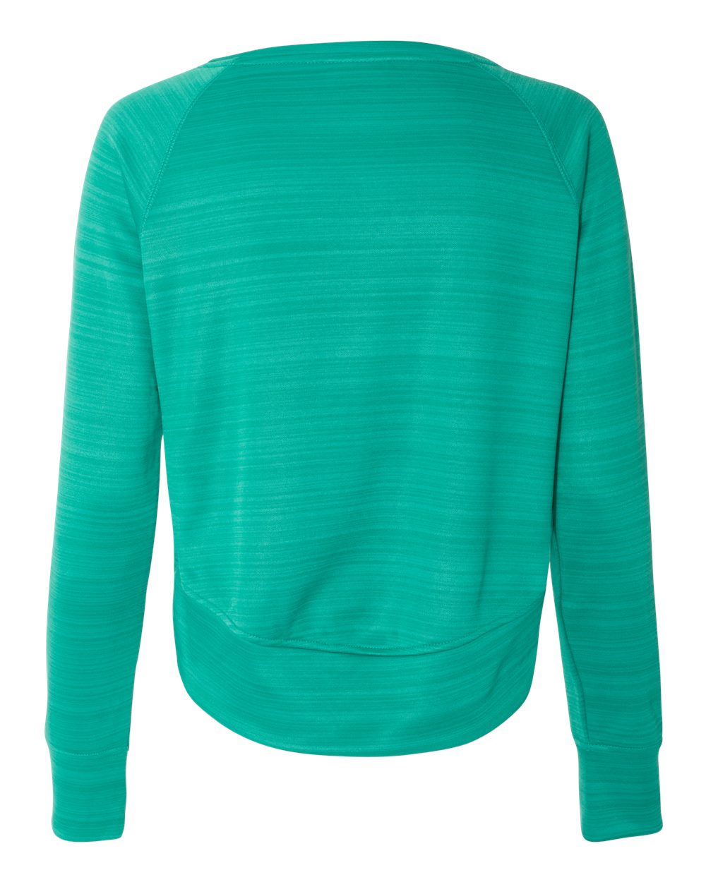 Rear View of Dynasty Green Stripe Women's Odyssey Striped Performance Fleece Hi-Low Crewneck Sweatshirt - 8663