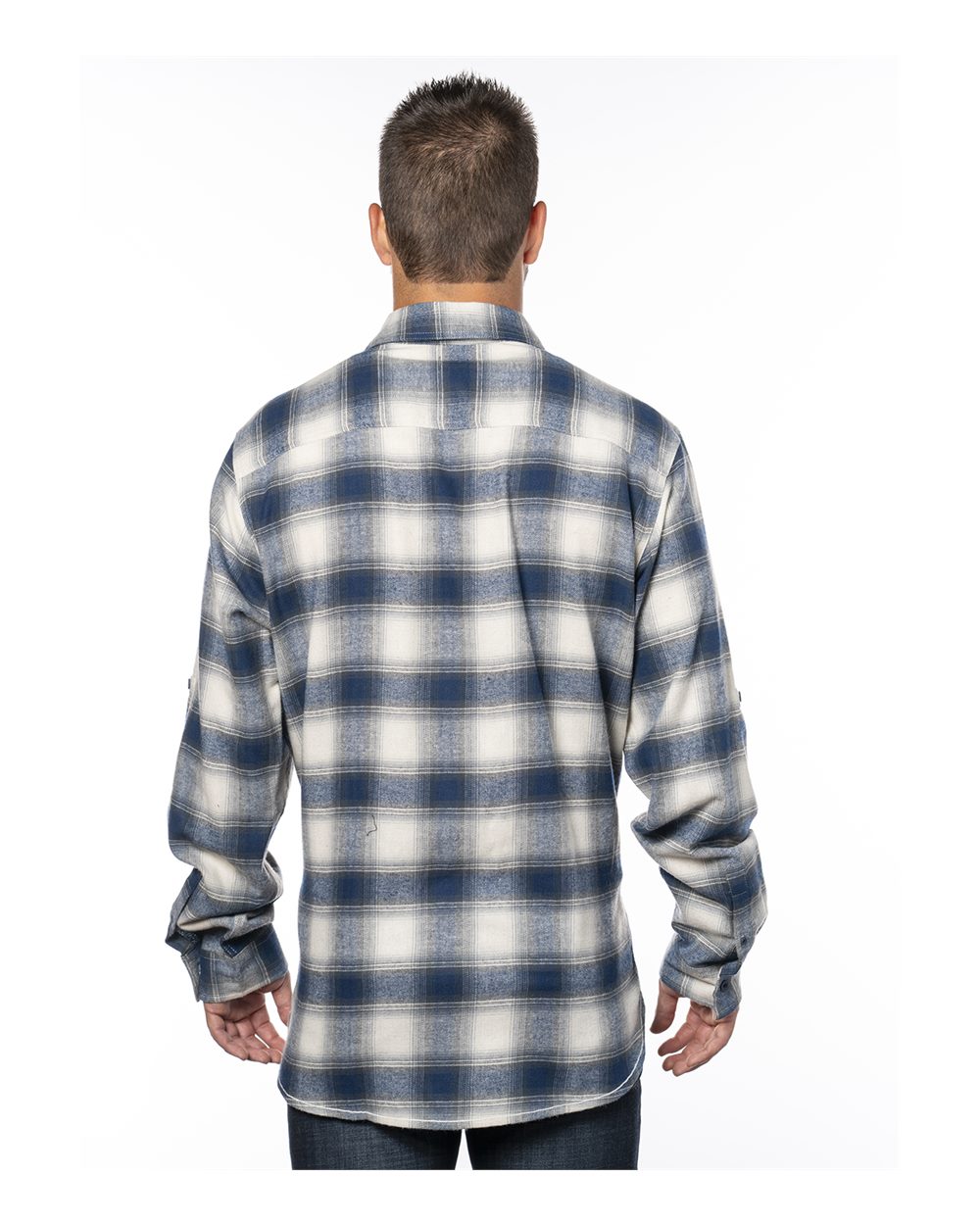 Rear View of Ecru/ Blue Yarn-Dyed Flannel Shirt - 8210