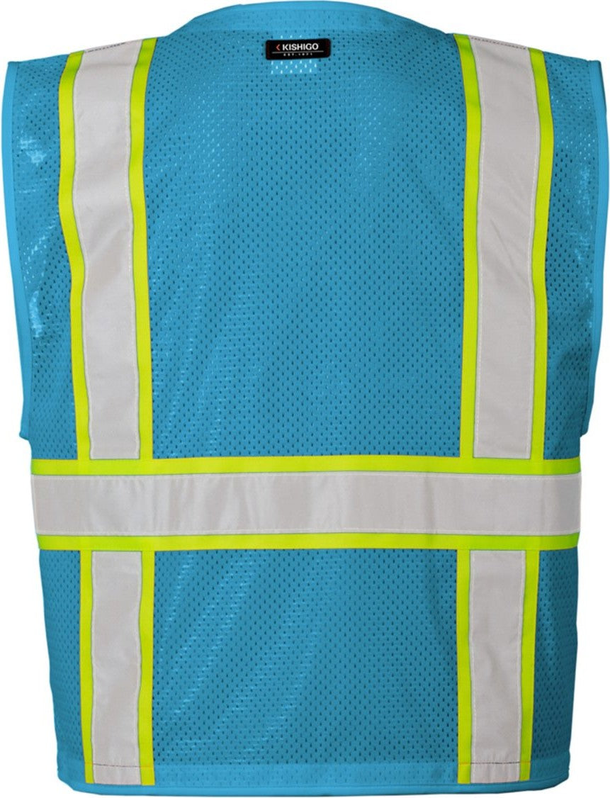 Rear View of Electric Blue/ Lime - B110 EV Series® Enhanced Visibility Multi-Pocket Mesh Vest - B100-111