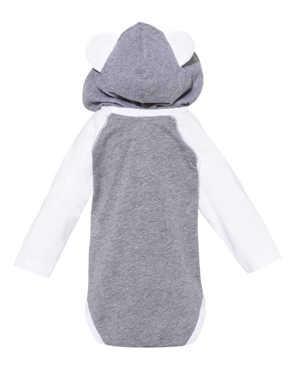 Rear View of Granite Heather/ White Fine Jersey Infant Character Hooded Long Sleeve Bodysuit with Ears - 4418