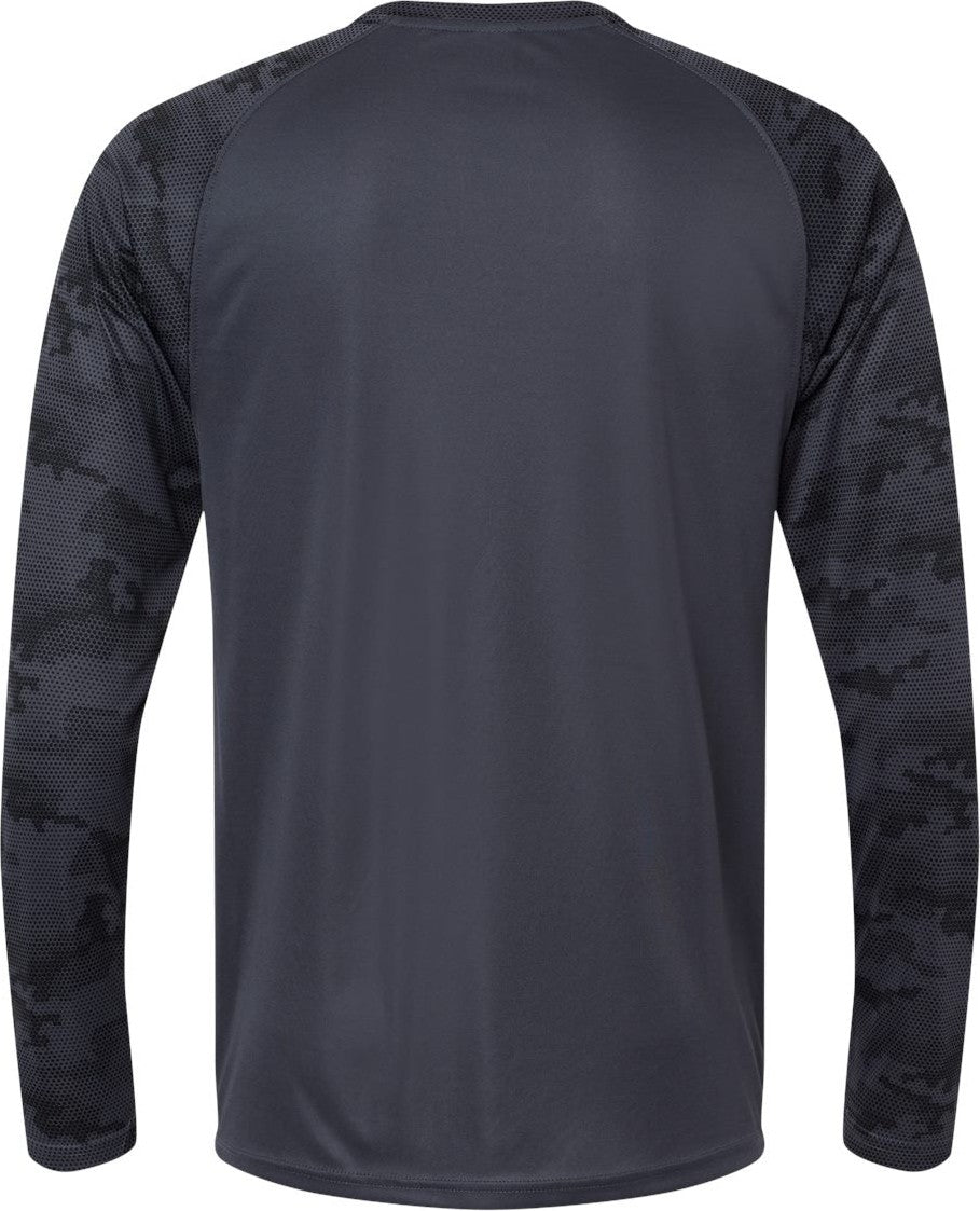 Front View of Graphite Cayman Performance Camo Colorblocked Long Sleeve T-Shirt - 216