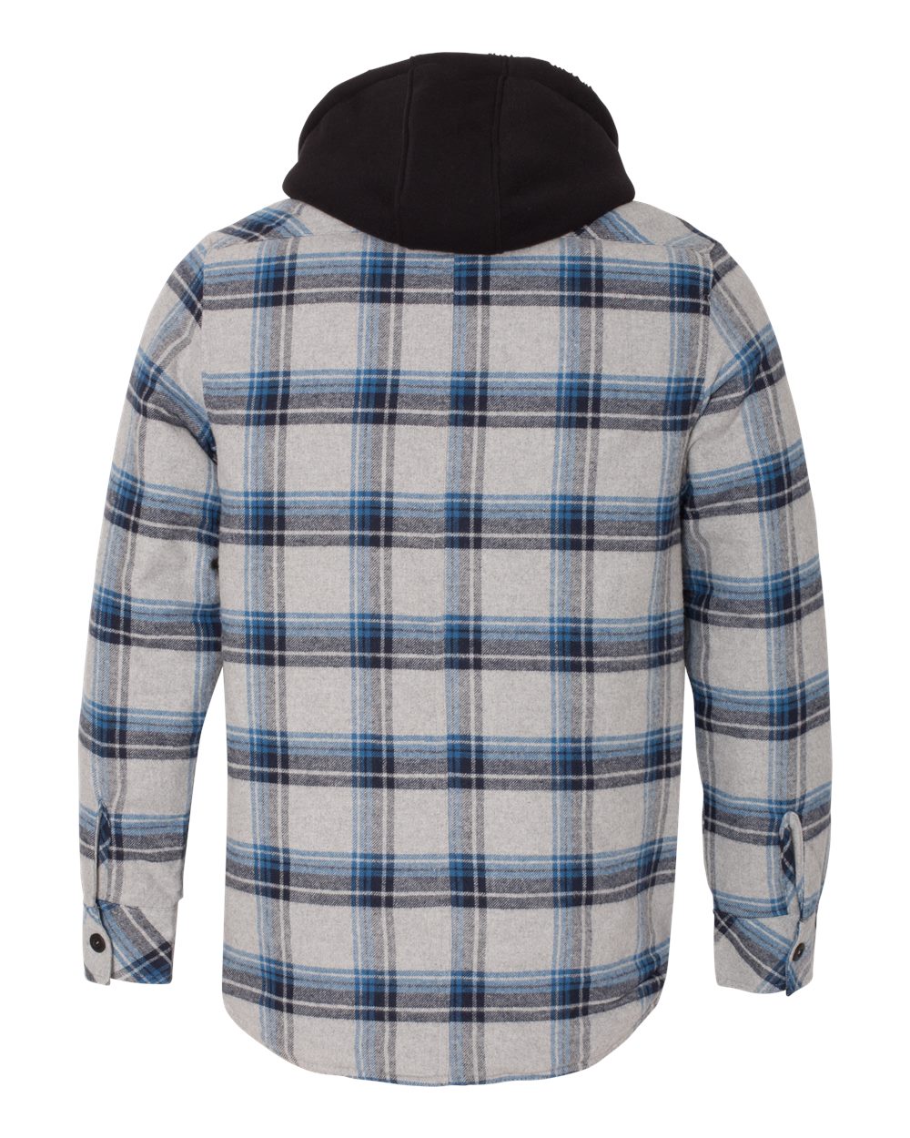 Rear View of Grey/ Blue Quilted Flannel Hooded Jacket - 8620