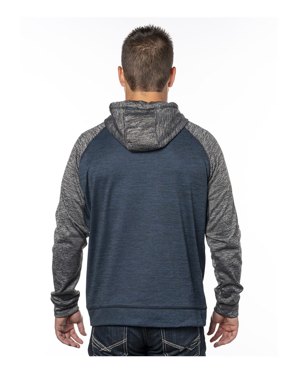 Rear View of Heather Navy/ Heather Charcoal Performance Raglan Full-Zip Sweatshirt - 8660