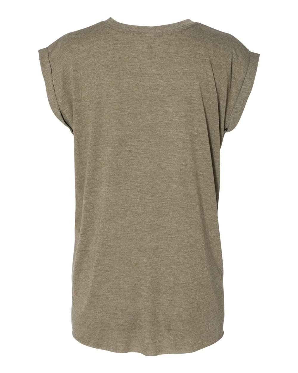 Rear View of Heather Olive Women’s Flowy Rolled Cuffs Muscle Tee - 8804