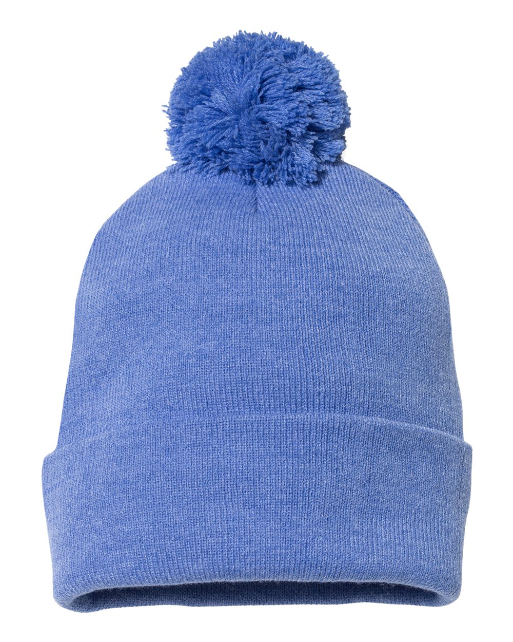 Rear View of Heather Royal 12" Pom-Pom Cuffed Beanie - SP15