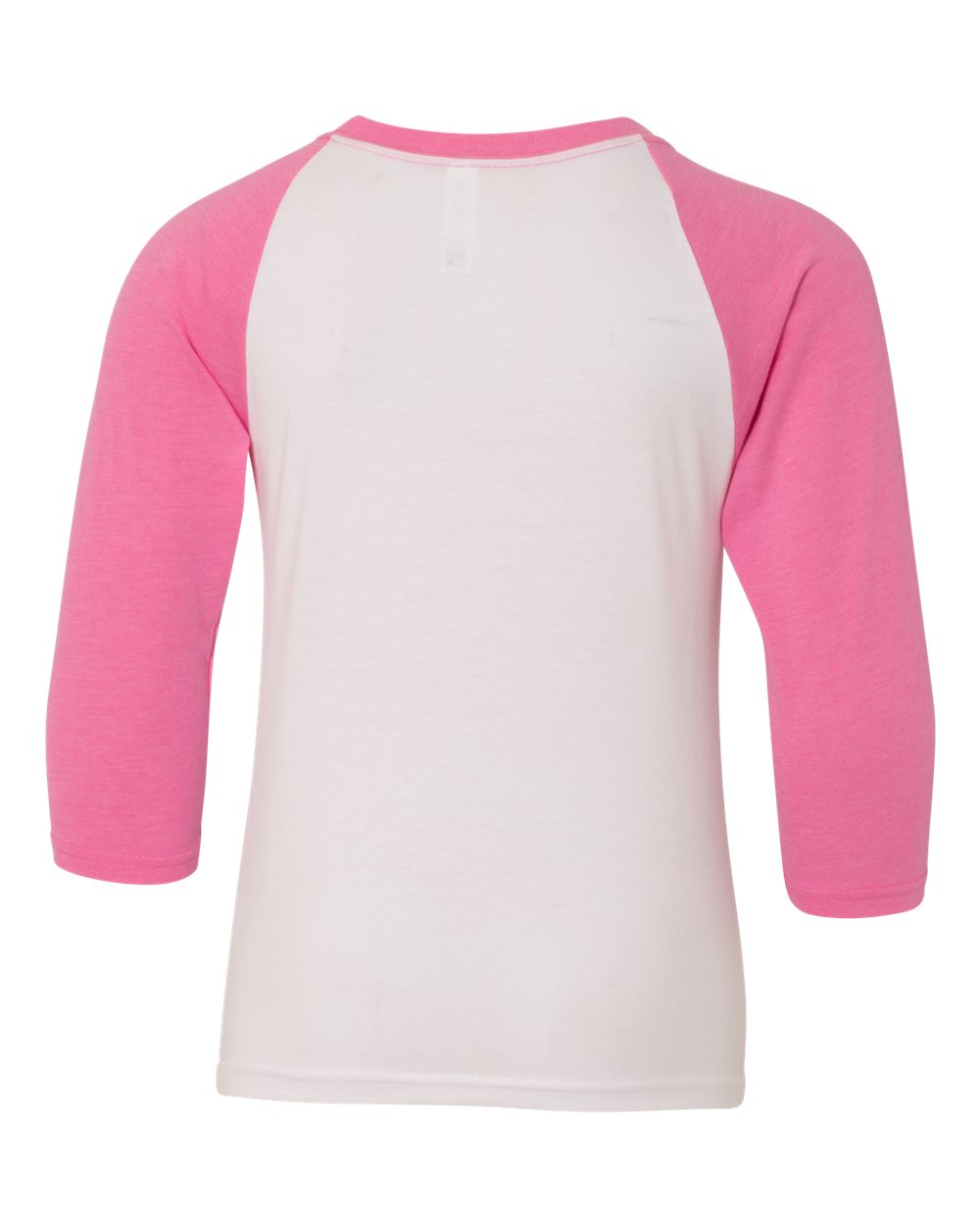 Rear View of Hot Pink Sleeves/ White Body Youth CVC Three-Quarter Sleeve Raglan T-Shirt - 3352